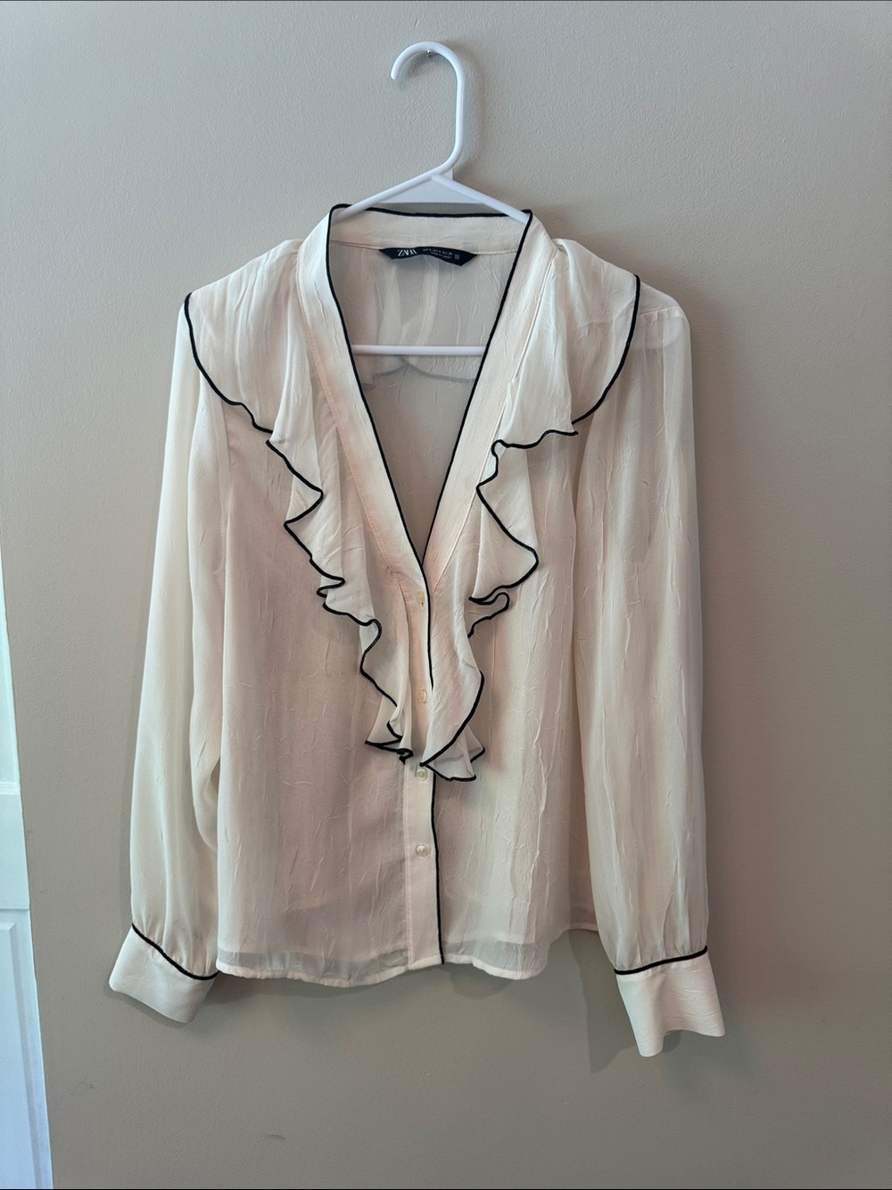 Zara Cream Ruffle V-Neck Blouse with Black Piping
